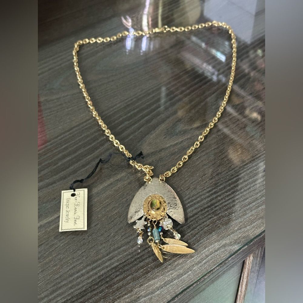 Gold and Silver Pendant Necklace with Dangling Charms & Colorful Accents